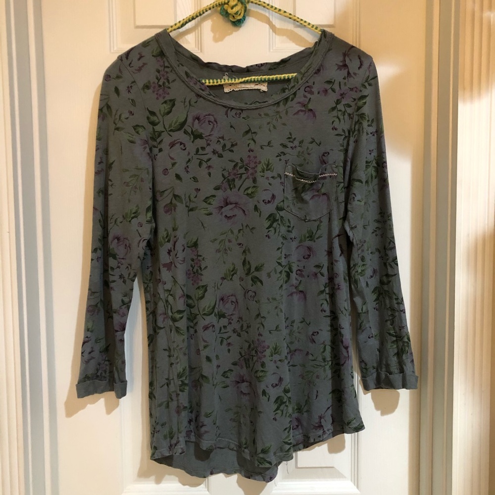 Anthropologie olive embroidered pocket top